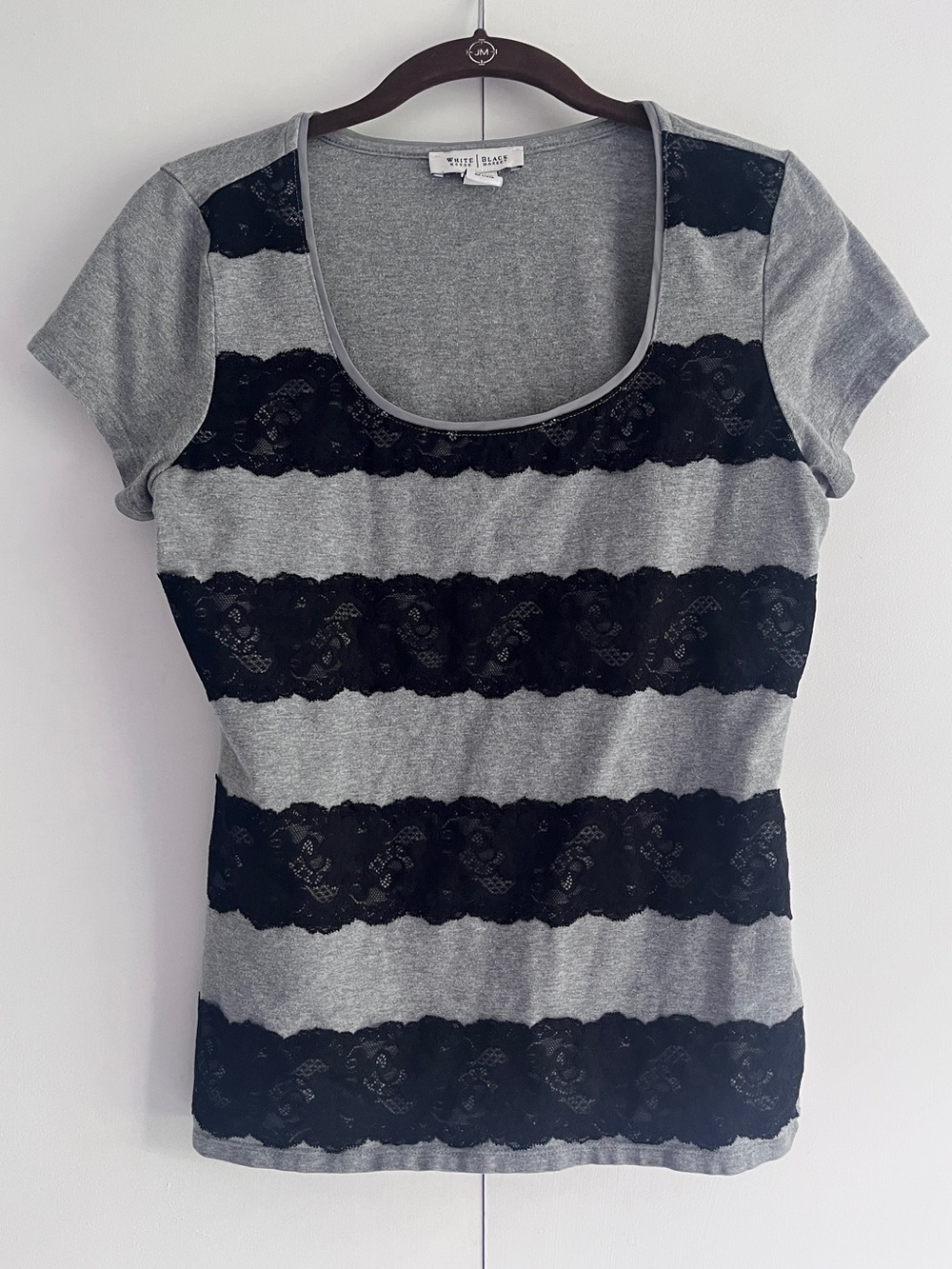 White House Black Market Gray Scoop Neck Tee with Black Lace Stripes